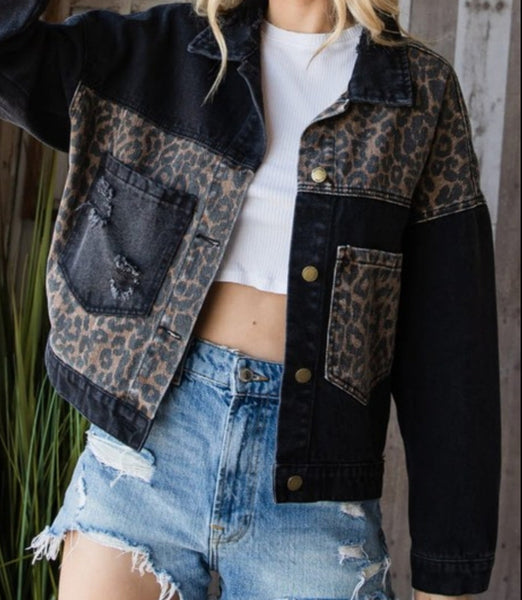 Black Leopard Jean Jacket